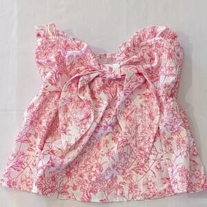 Pink Floral Bow Strapless Babydoll Top XS  Peplum Cottagecore Coquette